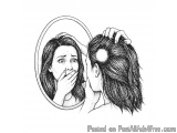 The image is a black and white illustration of a young woman looking at her reflection in a round mirror. The woman has long...