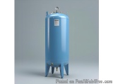 The image shows a blue-colored industrial water tank with a pressure gauge on top. The tank is cylindrical in shape and has a...