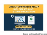The image is an advertisement for a website health audit service in Delhi NCR. It has a blue background with a yellow banner...
