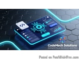 The image is an advertisement for CodeMech Solutions, a company that builds the future, one line of code at time. The backgro...