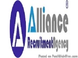 The image is a logo for Alliance Recruitment Agency. The logo is rectangular in shape and has a blue background. On the left...