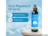 The image is an advertisement for a pure magnesium oil spray. The background is a light blue sky with white clouds. On the ri...