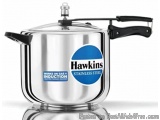 The image is of a stainless steel pressure cooker from the brand Hawkins. The pressure cooker has a lid with a handle on top...