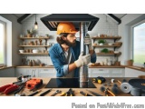 In this image, we can see a man wearing a yellow hard hat and gloves, working on a kitchen sink. He is standing in front of a...