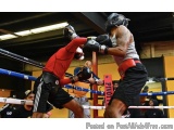 The image shows two boxers in a boxing ring. The boxer on the left is wearing a red shirt and black shorts, and is in the pro...