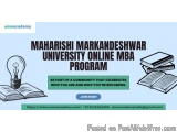The image is an advertisement for the Maharishi Markandeshwar University Online MBA Program. The background is light blue and...
