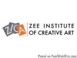 The image is a logo for the ZEE Institute of Creative Art. The logo is rectangular in shape and has a black background. On th...
