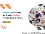 The image is an advertisement for Salesforce Consulting Services by Codleo - Trusted Summit Partner. It features a group of p...