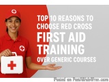 The image shows a young woman wearing a red cap and a red shirt with a white cross on it. She is holding a first aid kit in h...