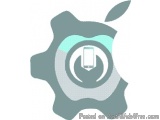 The image is a graphic design of an apple logo. The logo is in the shape of a gear or cogwheel, with a green apple on top. Th...