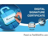 The image is a digital signature certificate template. It has a blue background with a circular design on the left side. On t...
