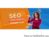 The image is a banner or advertisement for SEO (Search Engine Optimization) for beginners and clients. It has a blue backgrou...