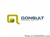 The image is a logo for a company called "QONSULT". The logo is a combination of the company's name in blue and yellow colors...