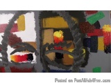 The image is an abstract painting with a black background. The painting is composed of various shapes and colors, including s...