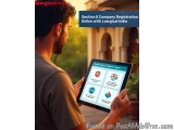 The image shows a young man holding a tablet in his hands and looking at it intently. He is standing in front of a building w...