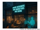The image is a digital illustration of a restaurant named "DSOM". The restaurant is located in a city at night, with a dark s...