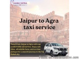 The image is an advertisement for a taxi service offered by Hubh Yatra Cab in Jaipur, India. The background of the image is a...