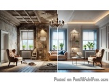 The image is a collage of two photographs of a modern living room. The first photograph on the left shows the interior of the...