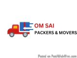 The image is a logo for a company called OM SAI Packers & Movers. The logo consists of a red truck with a blue and red stripe...