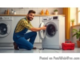 In this image, we can see a young man in a laundry room, kneeling on the floor and fixing a washing machine. He is wearing a...