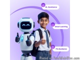 The image shows a young boy standing next to a robot. The robot is white with blue eyes and is giving a thumbs up. The boy is...