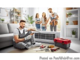 The image shows a family of four in a living room, with a man sitting on the floor in front of an air conditioning unit. He i...