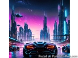 The image is a digital illustration of a futuristic cityscape at night. The city is filled with tall buildings and skyscraper...