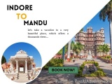 The image is an advertisement for a vacation to Mandu, a beautiful place in India. The background of the image is a collage o...
