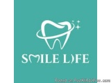 The image is a logo for a dental clinic called Smile Life. The logo is a simple design with a light blue background. In the c...