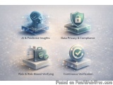 The image is a graphic that represents the four stages of a data privacy and compliance process. The first stage is represent...