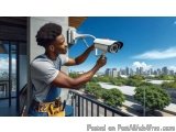 The image shows a young African-American man installing a security camera on a balcony. He is wearing a blue t-shirt and a to...