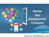 The image is a graphic design for a mobile app development company. It has a blue background with a white text that reads "Mo...