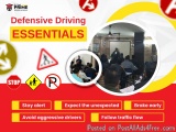 The image is an advertisement for Prime Defensive Driving Essentials. It has a red and yellow background with the Prime logo...