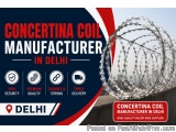 The image is an advertisement for a concertina coil manufacturer in Delhi, India. The background of the image is a blue sky w...