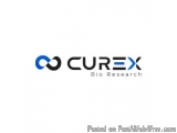 The image is a logo for a company called "CUREX Bio Research". The logo is written in black and blue text on a white backgrou...