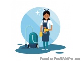 The image shows a young woman wearing a blue apron and yellow rubber gloves, cleaning the floor with a vacuum cleaner. She is...