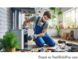 In this image, we can see a young man wearing blue overalls and a gray t-shirt, kneeling on the floor in front of a white bri...