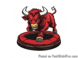 The image is a cartoon illustration of a red bull with horns and a yellow nose. The bull is standing on its hind legs and is...