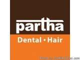 The image is a logo for a company called Partha. The logo is written in white text on a dark brown background. The word "Part...