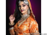 The image is a portrait of a beautiful Indian woman wearing traditional Indian attire. She is wearing an orange saree with go...