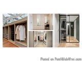 The image is a collage of four photographs of a modern and luxurious walk-in closet. The first photograph on the top left sho...