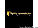 The image is a logo for TechFlux Consulting Services. The logo is black with a yellow letter "M" in the center. The letter "T...