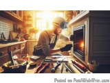The image shows a man wearing a hard hat and goggles, working in a kitchen. He is sitting at a wooden workbench with various...