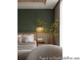The image shows a modern and minimalistic bedroom with a large bed in the center. The bed has a wooden headboard and is cover...