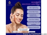The image is an advertisement for a beauty product called "Benefits of Hollywood Laser Facial". It features a young woman wit...