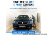 The image shows a blue BMW car being painted in a car wash. The car is parked in a white room with a man standing next to it,...
