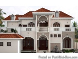 The image is a 3D rendering of a two-story house with a Mediterranean style. The house has a white exterior with a red tiled...