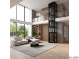The image shows a modern living room with a high ceiling and large windows that offer a view of the greenery outside. The roo...