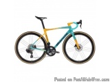 The image is of a bicycle, specifically a Bianchi brand road bike. The bike is painted in a combination of yellow and turquoi...