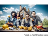 The image shows a group of six young men and women standing in front of a house under construction. They are all smiling and...